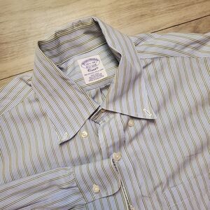 Brooks Brothers Shirt 15.5 34 Blue Green Striped Button Down Non Iron